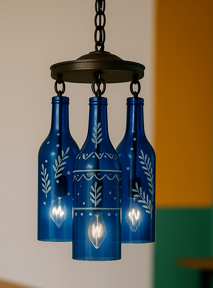 A chandelier made from three upcycled blue rum bottles, each decorated with white hand-painted patterns